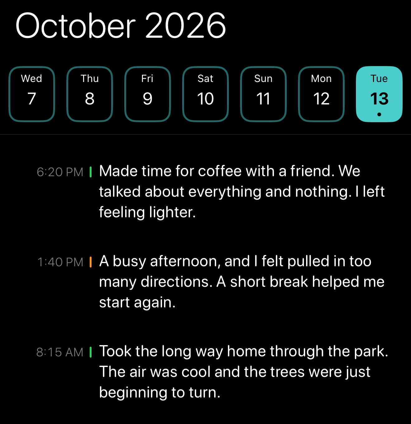 Detail of Fleu History: October 2026 date selector above three sample entries, with Tuesday the 13th selected.